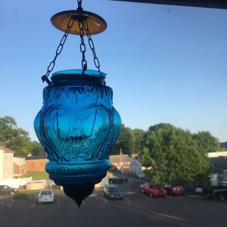 Vintage Blue & Amber Hanging Bohemian Swag Lamp Hurricane Votive Candle Holder
