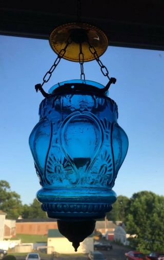Vintage Blue & Amber Hanging Bohemian Swag Lamp Hurricane Votive Candle Holder 2