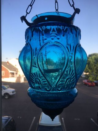 Vintage Blue & Amber Hanging Bohemian Swag Lamp Hurricane Votive Candle Holder 3