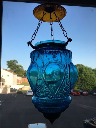 Vintage Blue & Amber Hanging Bohemian Swag Lamp Hurricane Votive Candle Holder 4