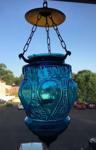 Vintage Blue & Amber Hanging Bohemian Swag Lamp Hurricane Votive Candle Holder 5