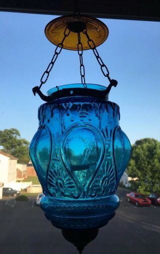 Vintage Blue & Amber Hanging Bohemian Swag Lamp Hurricane Votive Candle Holder 6