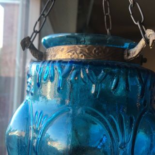 Vintage Blue & Amber Hanging Bohemian Swag Lamp Hurricane Votive Candle Holder 7