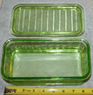 Vintage Green Depression Vaseline Glass Ribbed Refrigerator Loaf Dish With Lid