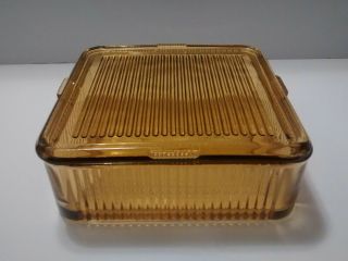 Vintage 8 1/2 X 8 1/2 " Square Ribbed Amber Refrigerator Glass Dish With Lid