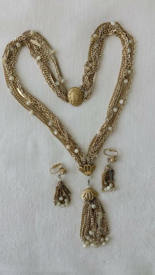 Vintage Multi - Strand Goldtone Tassel Chain And Bead Necklace And Earrings