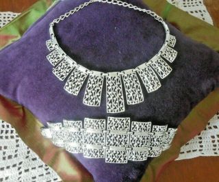 Vintage Sarah Coventry Necklace Bracelet Set Silver Tone Filigree Cleopatra
