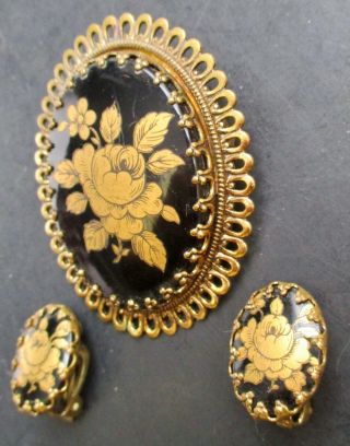Vintage West Germany Black Gold Tone Floral Pin Brooch W Matching Clip Earrings