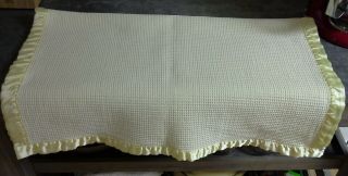 Vintage Acrylic Yellow Waffle weave Baby Blanket Satin Nylon Trimmed Morgan? 6