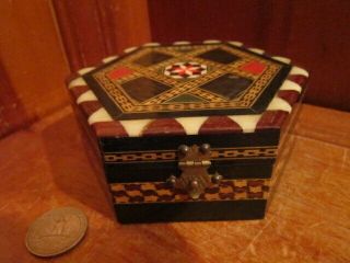 Vintage Spanish Marquetry Hexagon Shell Inlay Wood Lacquer Trinket Jewelry Box