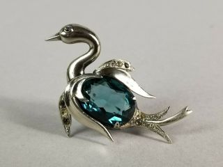 Vintage Art Deco 925 Sterling Silver Blue Clear Rhinestone Duck Bird Pin Brooch