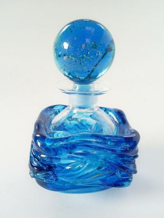 Vintage Kingfisher Blue Mdina Trailed Art Glass Scent Perfume Bottle/signed