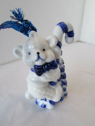 Vintage Navy Blue White Porcelain Teddy Bear Candy Cane Christmas Ornament Crown