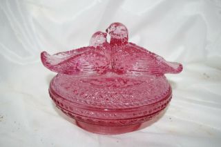 Vintage Cranberry Glass Westmoreland Love Birds On Nest Covered Dish Oval