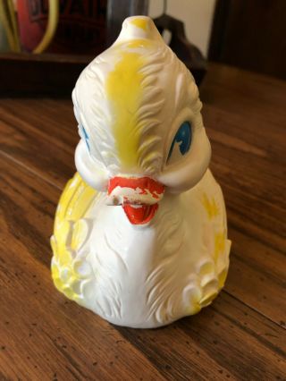 Vintage 1958 Edward Mobley Yellow Rubber Duck Blue Eyes Orange Beak Squeaker Toy 3
