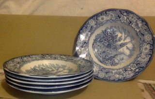 Vintage Liberty Blue.  7 Soup Bowls Staffordshire Ironstone.  Old North Church