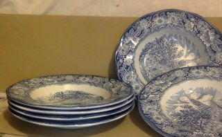 Vintage Liberty Blue.  7 Soup Bowls Staffordshire Ironstone.  Old North Church 3