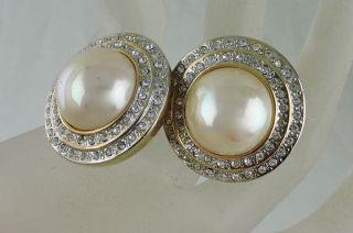 Vintage Gold Plated Faux Pearl Crystal Large Round Clip Earrings Retro