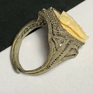 Vtg Chinese Art Deco silver Filigree Carved Scrimshaw Ring Adjustable Sz 3