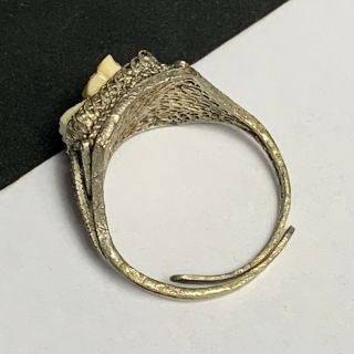 Vtg Chinese Art Deco silver Filigree Carved Scrimshaw Ring Adjustable Sz 4