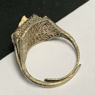 Vtg Chinese Art Deco silver Filigree Carved Scrimshaw Ring Adjustable Sz 5