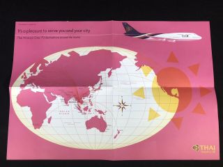 Vtg Thai Airways Brochure Fold Out Globe Map Poster