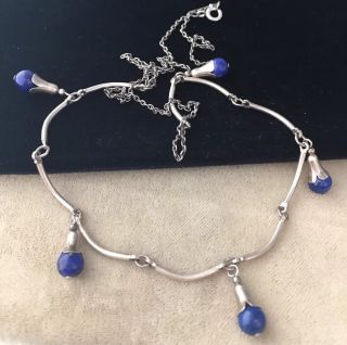 Vintage Sterling Silver And Real Lapis Lazuli Pendant Drop Necklace