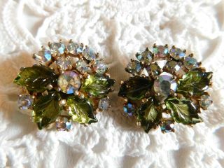 Vintage Signed Jomaz Green Glass And Crystal Rhinestones Gold Clip On Earrings