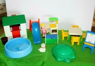 Vintage Little Tikes Doll House Sandbox Playhouse Pool Slide Dog Table Chairs,
