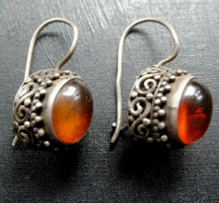 Vintage Baltic Amber 925 Silver Ornate Setting Pierced Dangle Drop Earrings - A44