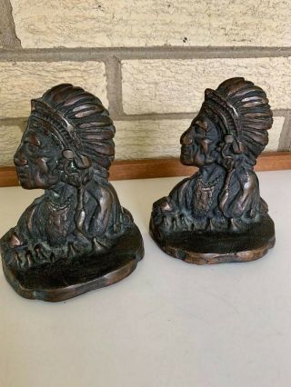 Vintage Pair Bronze Indian Head Native American 30s Deco Ear Bookends