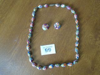 Vintage Long 60 Cm Italian / Venetian Millefiori Necklace & Matching Ear Rings