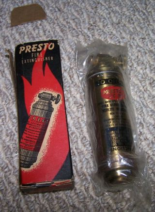 Vintage Nos Presto C B Small Brass Fire Extinguisher And Bag 5.  5 In Tall