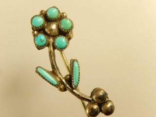 Sterling Turquoise Flower & Leaf Stick Pin Vintage Figural Native American