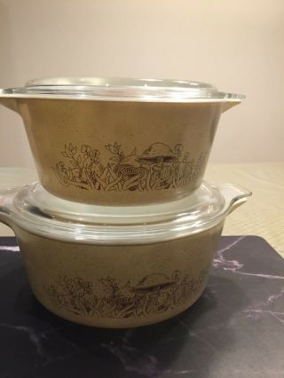 Vintage Pyrex Casserole Bowls With Lids Forest Fancies Mushroom 475 - B And 474 - B