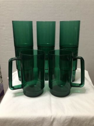 Set Of 8 Green Vintage Tupperware 6 Acrylic Stackable Tumblers Cups & 2 Mugs