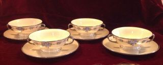 Vintage Ransgil China Forget Me Not Set Of 4 Cream Soup Cups And Underplates