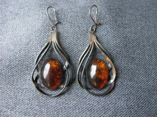 Vintage Modernist Marked 925 Sterling Silver & Real Amber Cabs Large Earrings