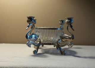Vintage Silver Plate Swan Candle Holder With Crystal Bowl And Flower Frog