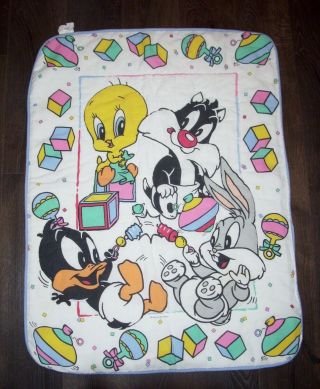 Vtg Warner Bros Baby Looney Tunes Crib Blanket Comforter 1993 Blue Trim Rattle
