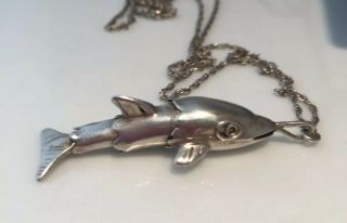 Vintage Jewellery Sterling Silver Articulated Fish Dolphin Pendant Necklace