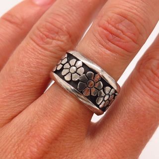 925 Sterling Silver Vintage Mexico Floral Design Band Ring Size 8 1/4