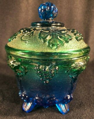 Vintage Blue/green Iridescent Carnival Glass W/cover Candy Dish/compote W/grapes