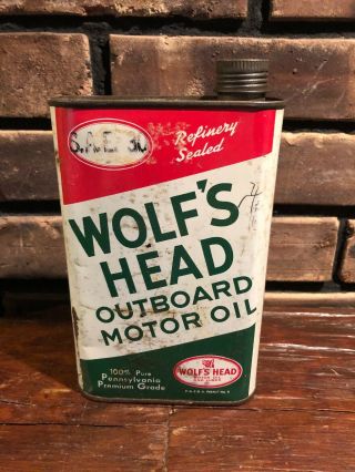 Vintage Wolf’s Head Outboard Motor Oil Tin Can Advertising