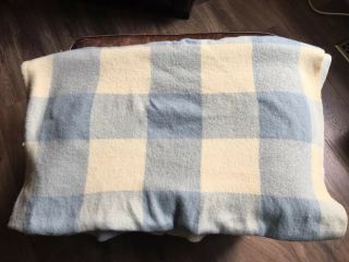 Vintage Blue & Cream Buffalo Plaid Check Medium Weight Wool Blanket 76x67
