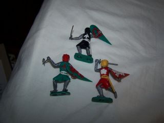 3 Vintage Plastic Timpo Toys Knights Black Green Red With Shield And Weapons
