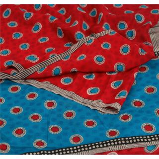 Sanskriti Vintage Red Saree Pure Crepe Silk Printed Sari Craft 5 Yd Soft Fabric