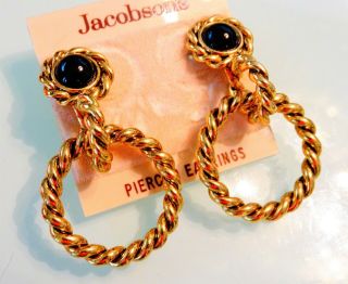 Vtg 80s Jacobsons High End 2.  25 " Onyx Glass Gold Cable Braid Runway Big Earrings