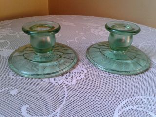 Vintage Green Depression Glass Candlesticks Candle Holders