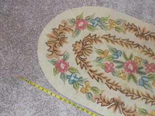 Vintage Oval Floral Motif Wool Hook Rug Flowers 6